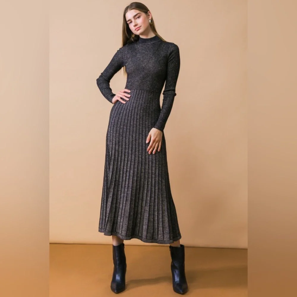 Black Metallic Knit Sweater Dress - Picture 1 of 5